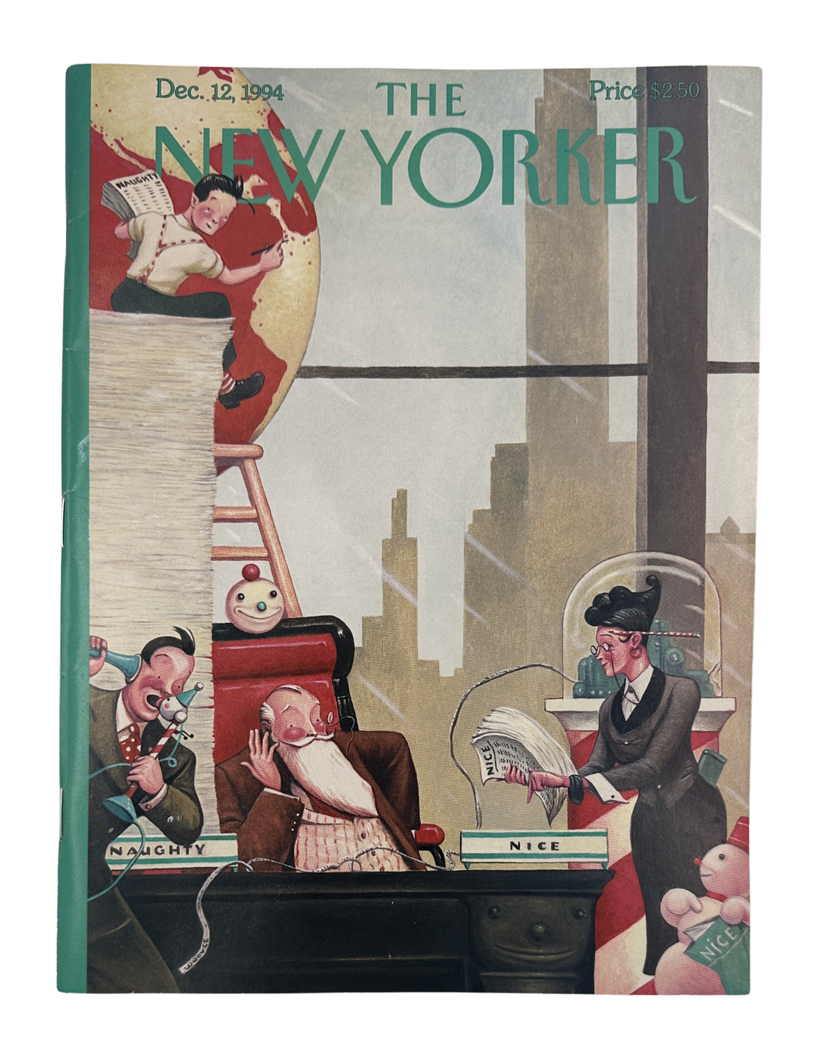 The New Yorker Magazine December 12, 1994 Santa Workshop William Joyce Cover VG, featuring a festive Santa Claus workshop illustration with toy-making characters and a New York City skyline.