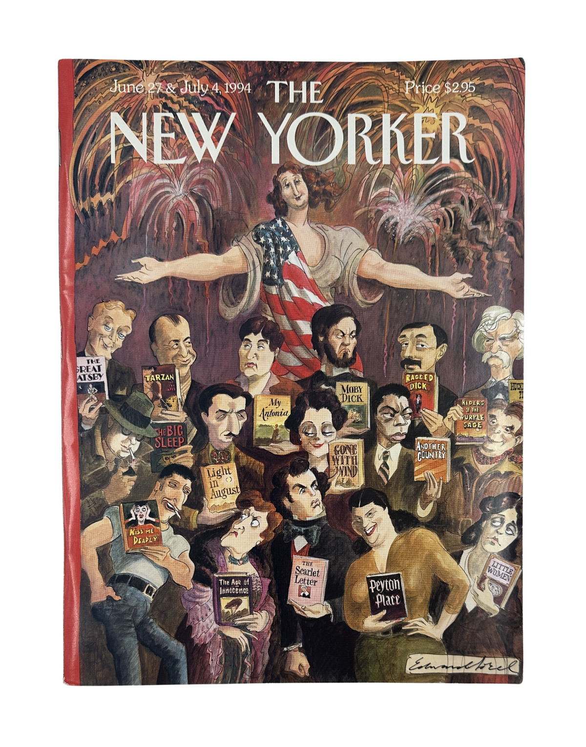 The New Yorker Magazine June 27 & July 4, 1994 The Melting Plot Edward Sorel Cover, featuring an illustrated group of writers and artists gathered around a central American-themed figure.