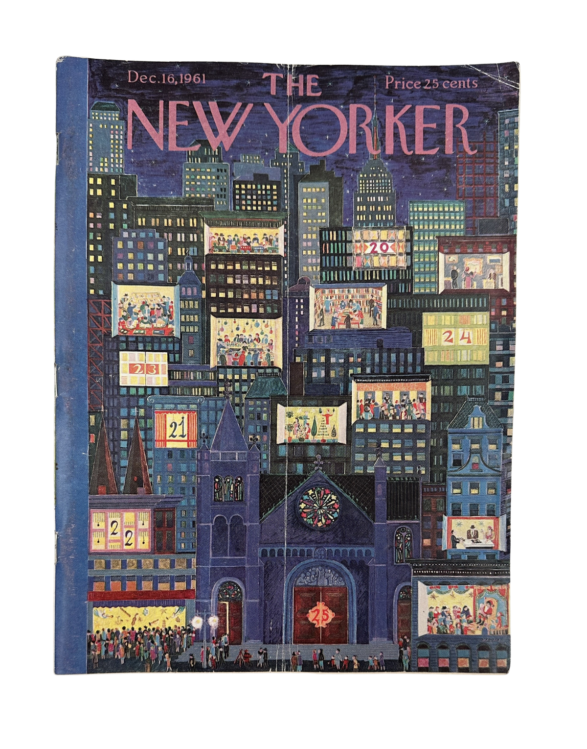 The New Yorker Magazine December 16, 1961 Christmas City Skyline Ilonka Karasz Cover, complete vintage magazine front cover featuring a colorful illustrated New York City skyline at Christmas.
