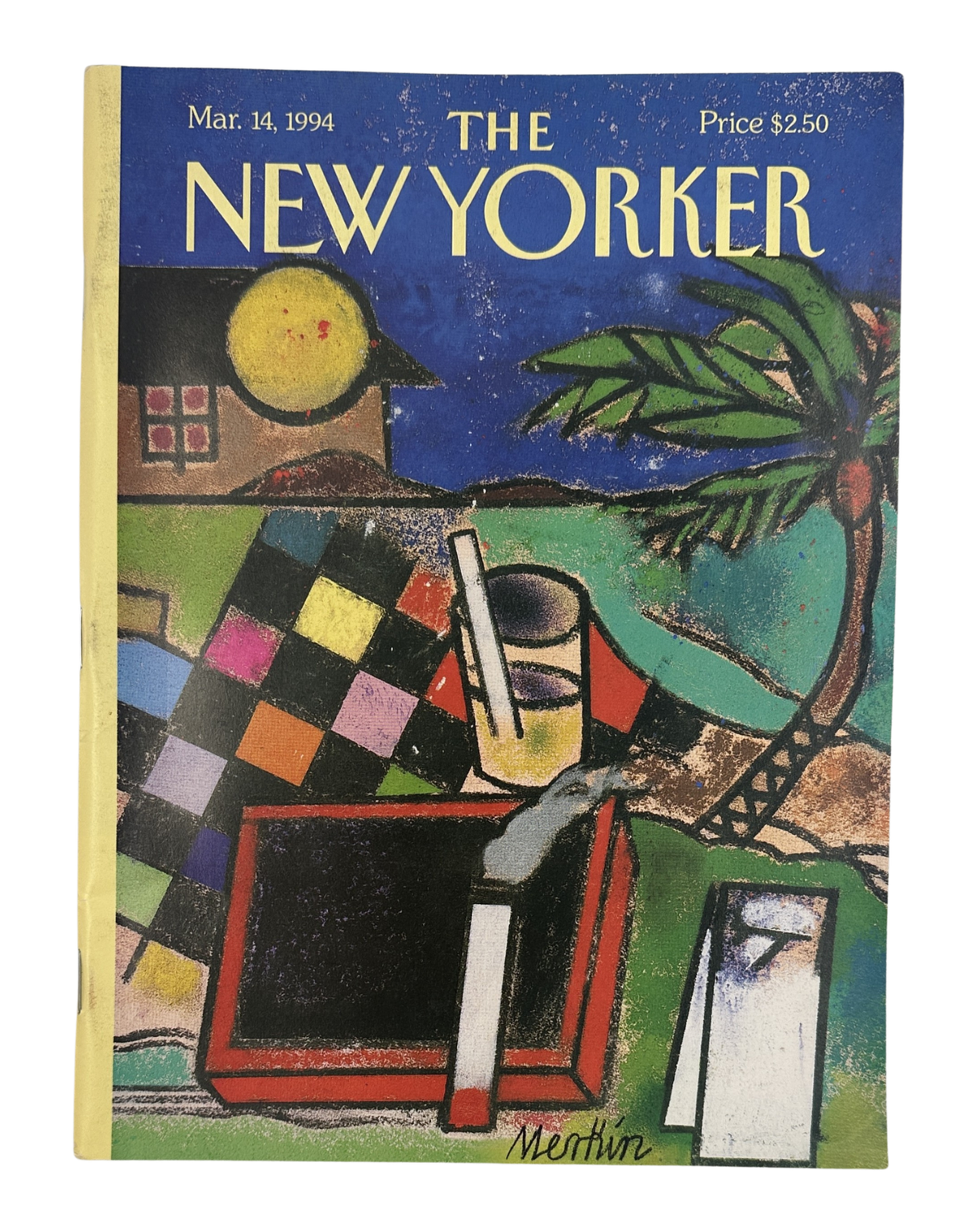 The New Yorker Magazine March 14, 1994 Tropical Postcard Beach Richard Merkin Cover VG, featuring colorful tropical beach postcard artwork with a palm tree, beach chair, cocktail, and moonlit seaside scene.