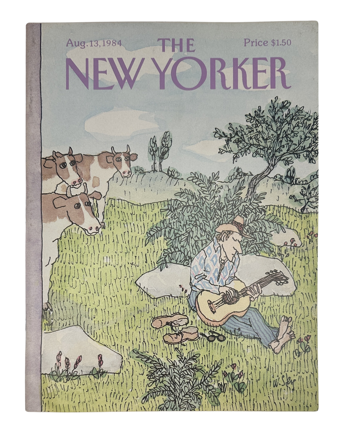 The New Yorker Magazine August 13, 1984 Guitar Player Cows Field William Steig Cover VG, illustrated front cover showing a guitar player resting in a field while cows look on.