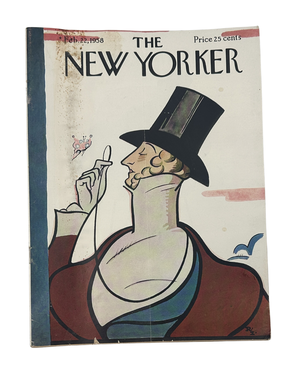 The New Yorker Magazine February 22, 1958 Top Hat Butterfly Rea Irvin Cover, full front cover showing a stylish illustrated figure wearing a black top hat and holding a butterfly, with visible age-related wear and water damage.