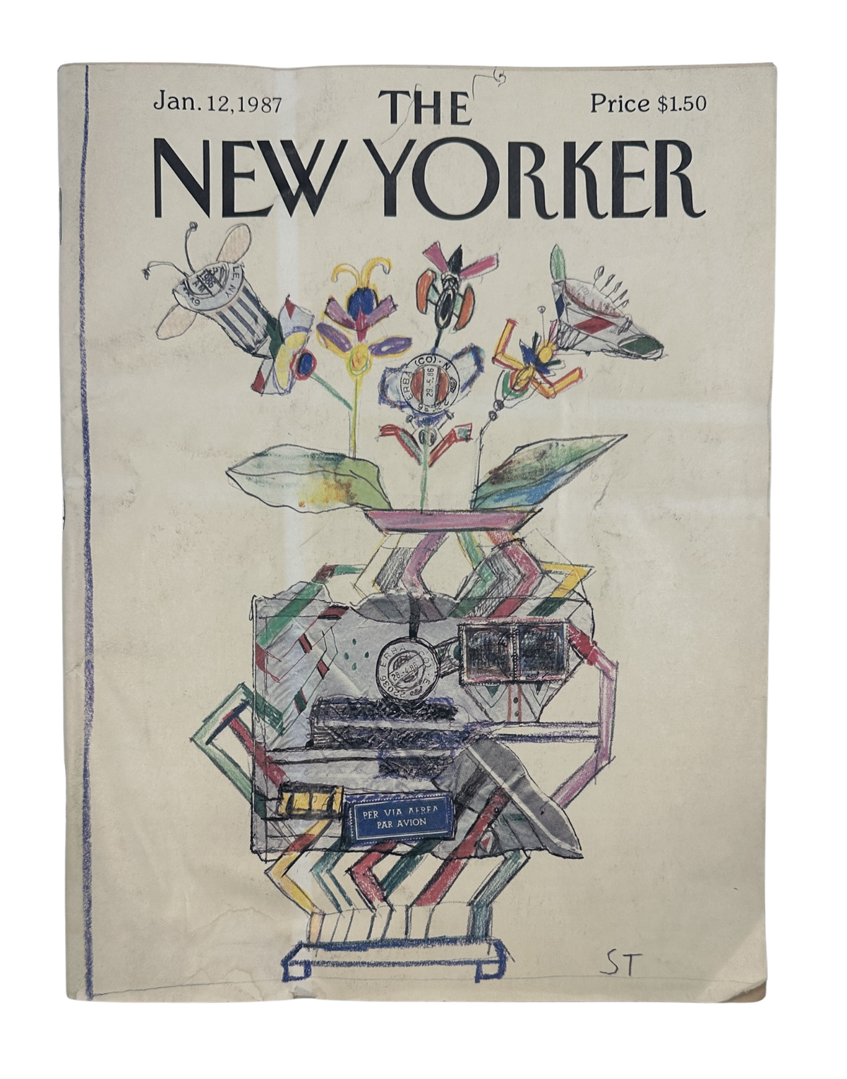 The New Yorker Magazine January 12, 1987 Airmail Flower Saul Steinberg Cover, featuring a colorful illustrated flower made from stacked airmail parcels and objects.