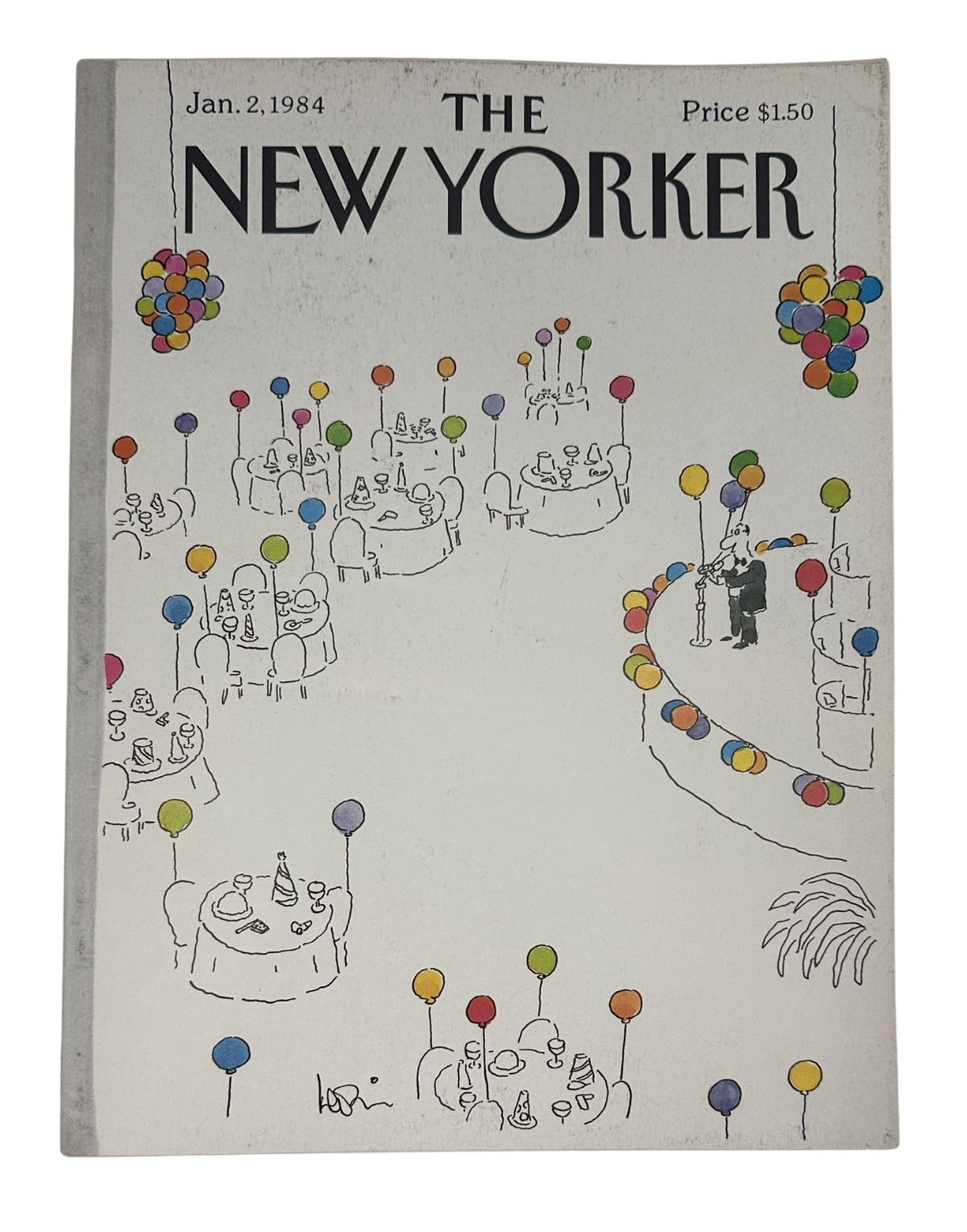 The New Yorker Magazine January 2, 1984 Balloon Party Dining Arnie Levin Cover VG, featuring a whimsical Arnie Levin illustration of balloon-decorated diners and tables.