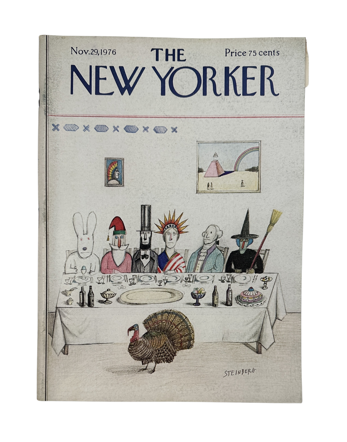 The New Yorker Magazine November 29, 1976 Thanksgiving Dinner Saul Steinberg Cover VG, featuring a Thanksgiving dinner table with illustrated guests and a turkey on the cover.