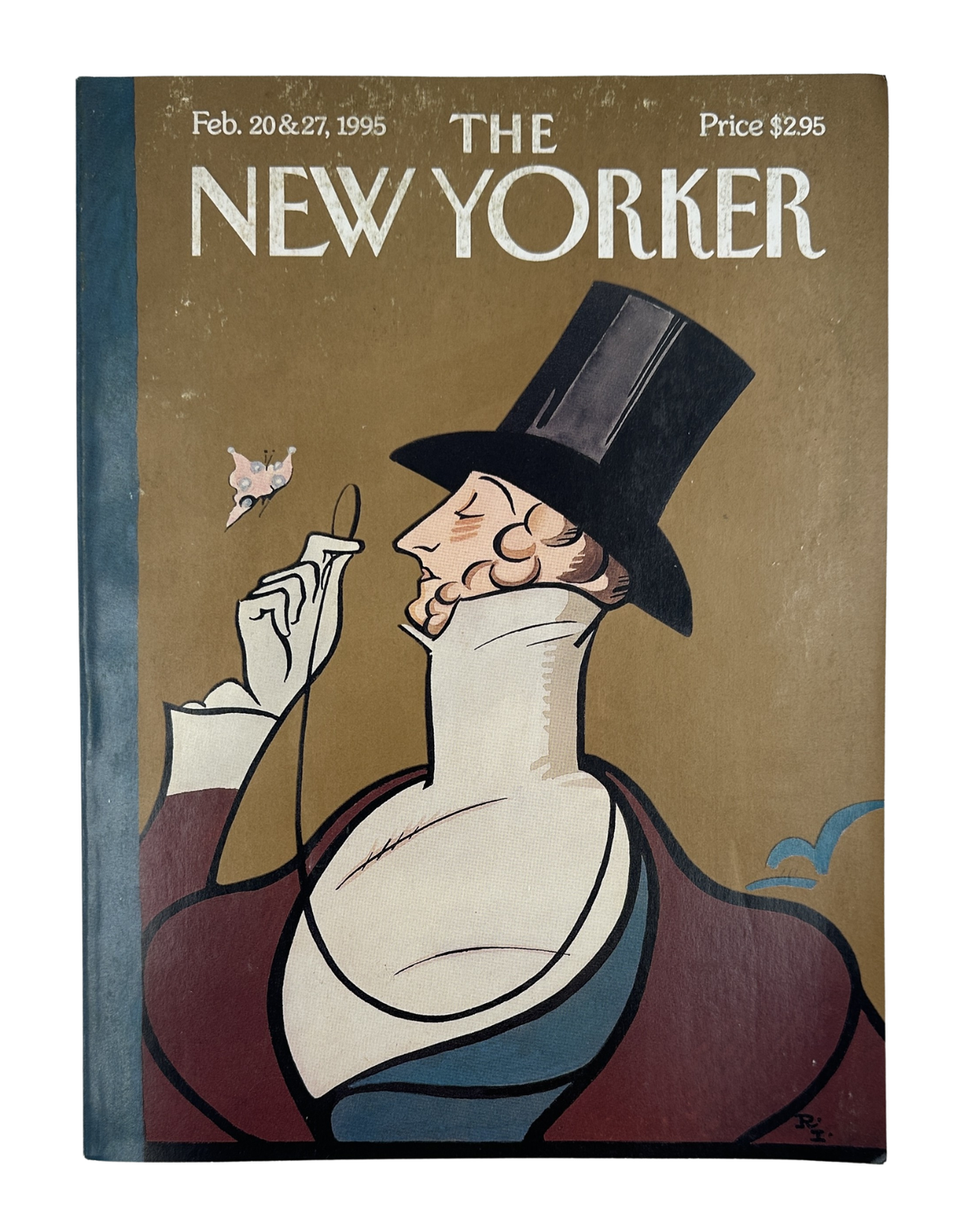 The New Yorker Magazine February 20 & 27, 1995 Eustace Tilley Rea Irvin Cover, featuring the iconic illustrated dandy in a top hat and monocle on a vintage brown cover