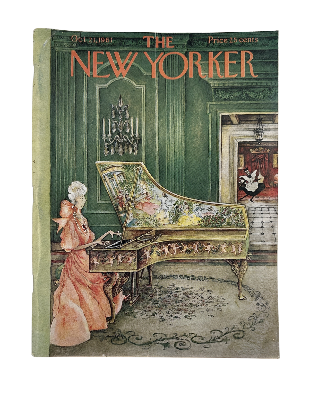 The New Yorker Magazine October 21, 1961 Harpsichord Music Room Mary Petty Cover featuring an illustrated woman playing an ornate harpsichord in an elegant music room