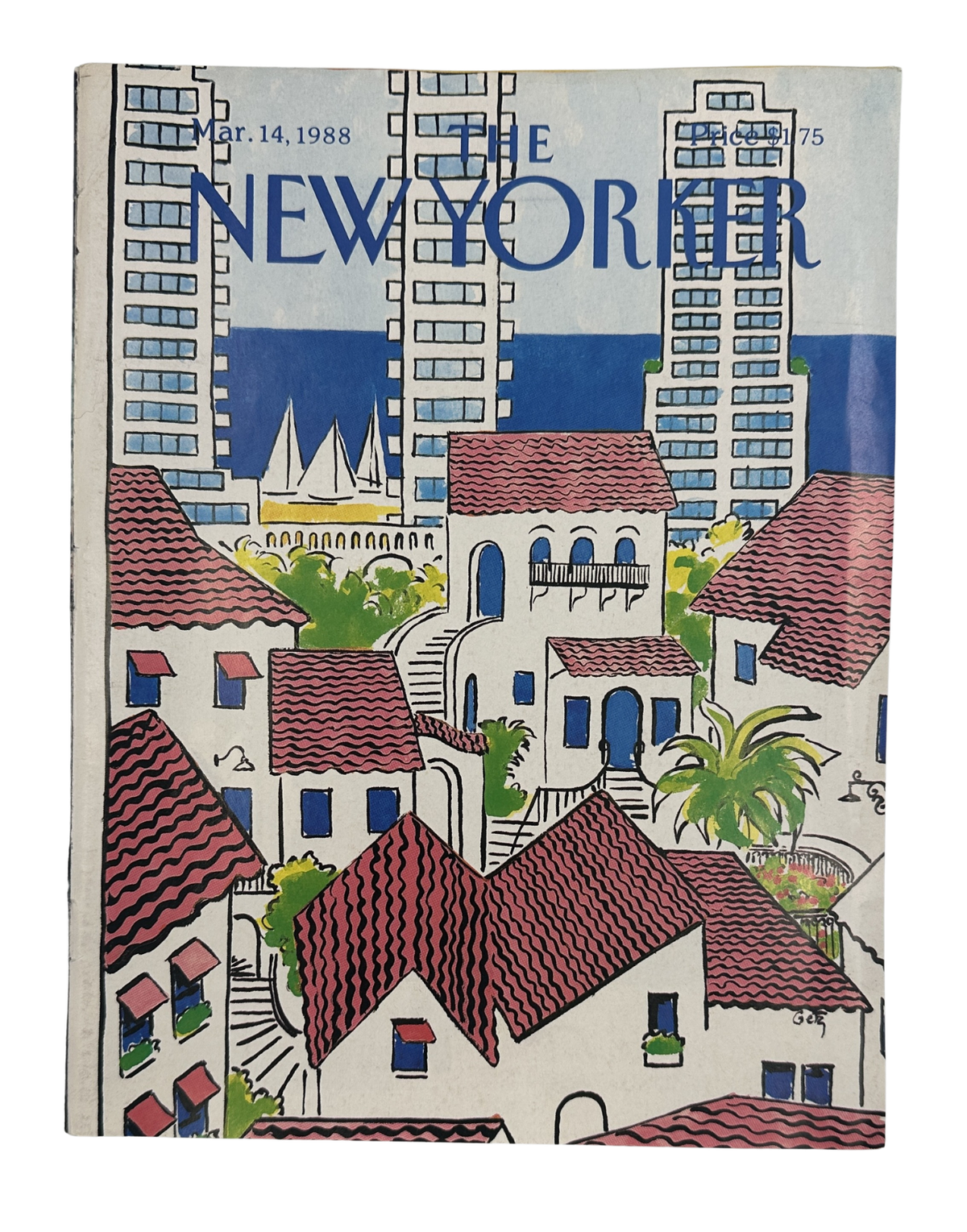 The New Yorker Magazine March 14, 1988 Coastal Village Arthur Getz Cover featuring an illustrated coastal village with red-tiled rooftops, sailboats, palm trees, and high-rise buildings.