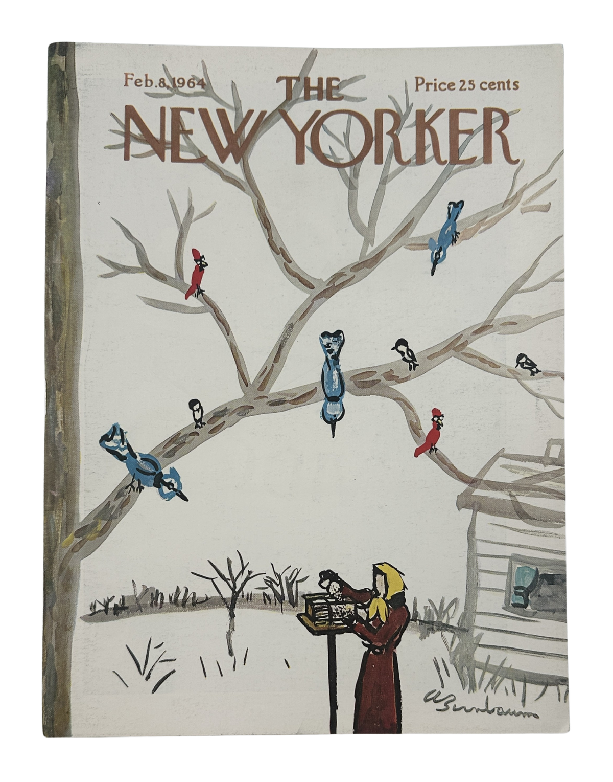 The New Yorker Magazine February 8, 1964 Birds Birdfeeder Abe Birnbaum Cover VG, featuring illustrated birds perched on tree branches above a woman filling a birdfeeder
