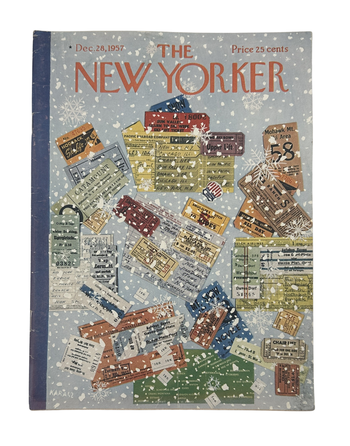 The New Yorker Magazine December 28, 1957 Ski Ticket Ilonka Karasz Cover featuring vintage ski tickets and winter artwork