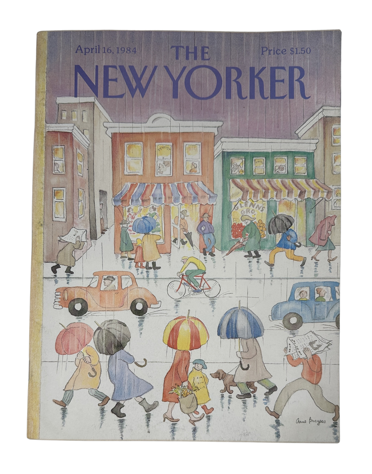 The New Yorker Magazine April 16, 1984 Rainy Street Anne Burgess Cover VG, featuring an illustrated rainy city street scene with pedestrians, umbrellas, storefronts, cars, and bicycles.
