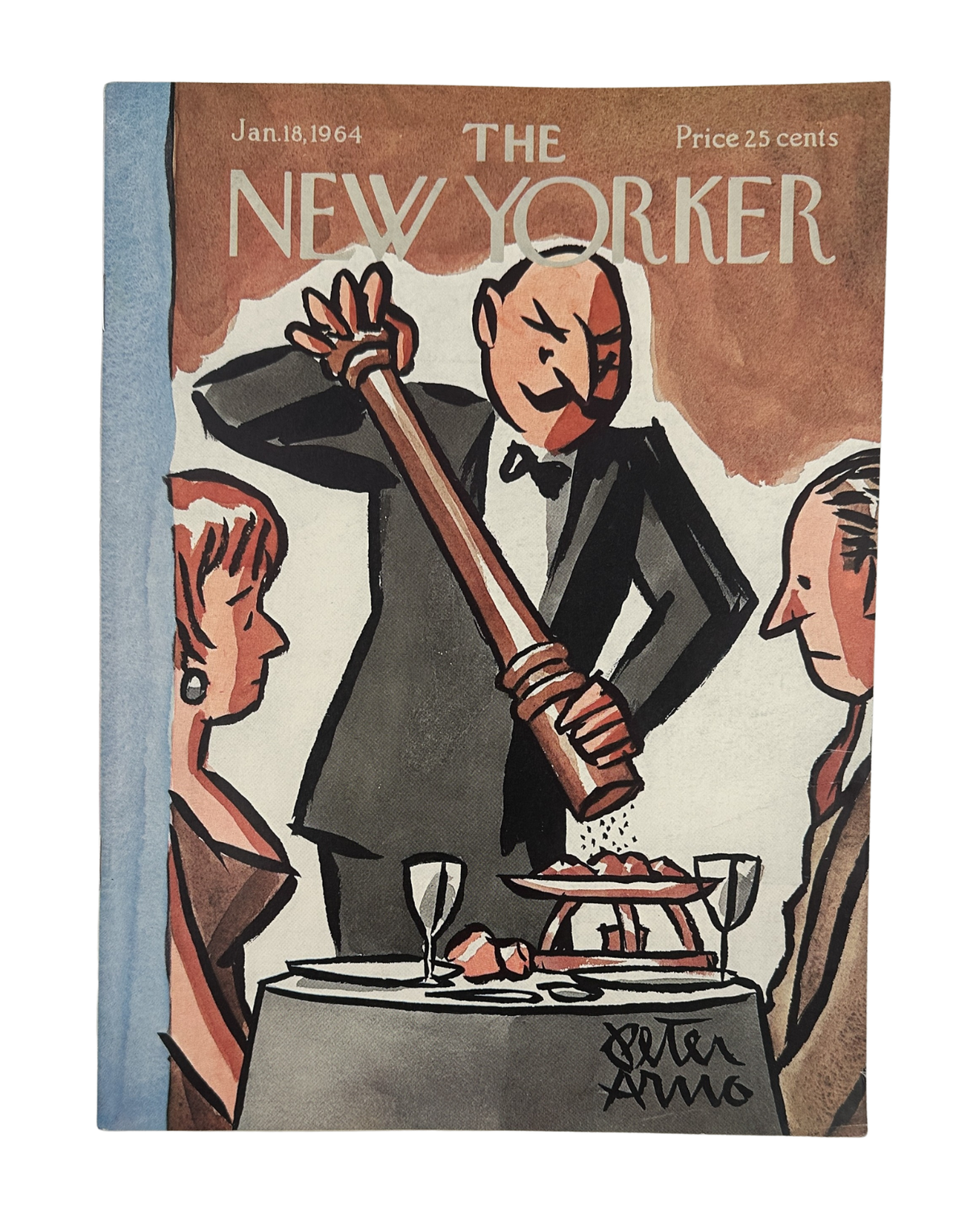 The New Yorker Magazine January 18, 1964 Restaurant Waiter Art Peter Arno Cover VG, featuring the illustrated restaurant waiter cover with diners and table setting.