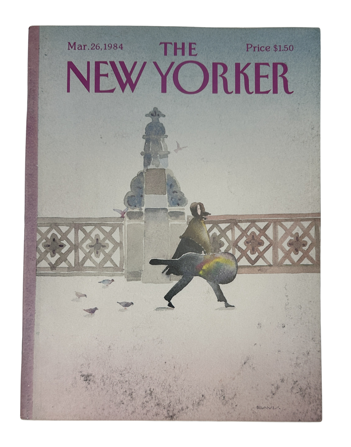 The New Yorker Magazine March 26, 1984 Pigeon Shadow Walk Susan Davis Cover VG, featuring a woman walking with a colorful pigeon shadow illustration on a balcony cover.