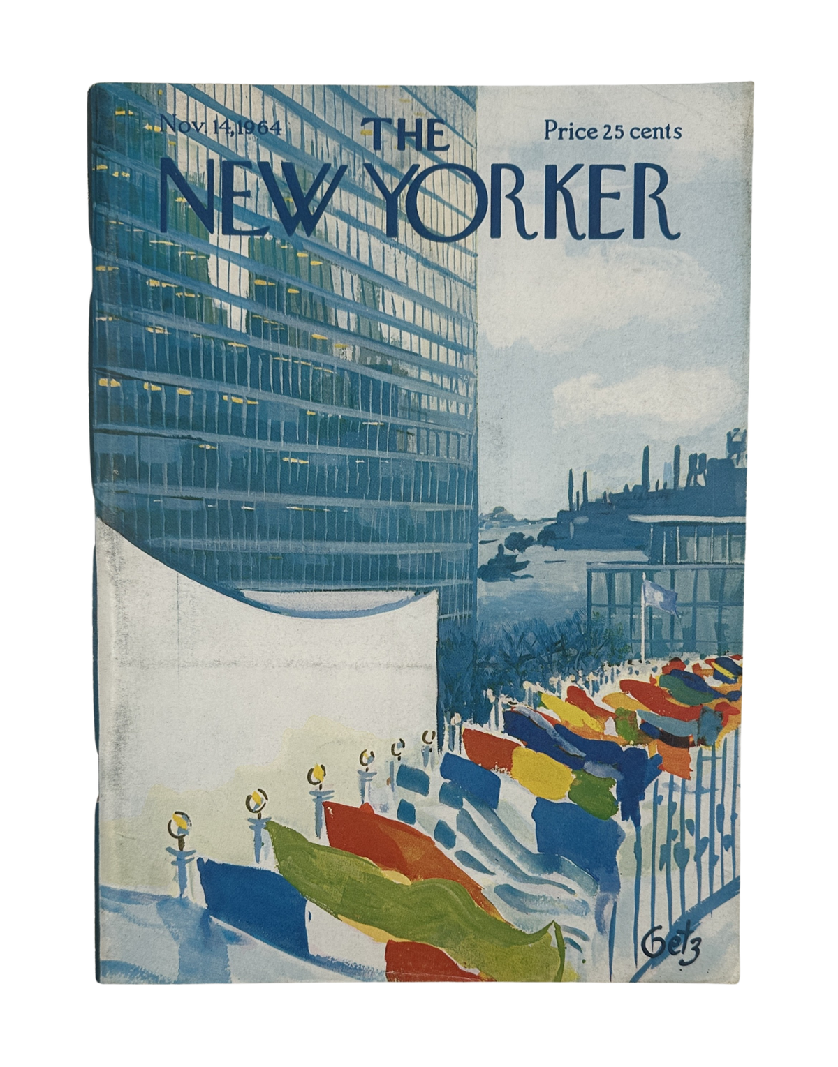 The New Yorker Magazine November 14, 1964 City Flags Building Arthur Getz Cover VG, front cover featuring colorful city flags, a modern building, and New Yorker branding.