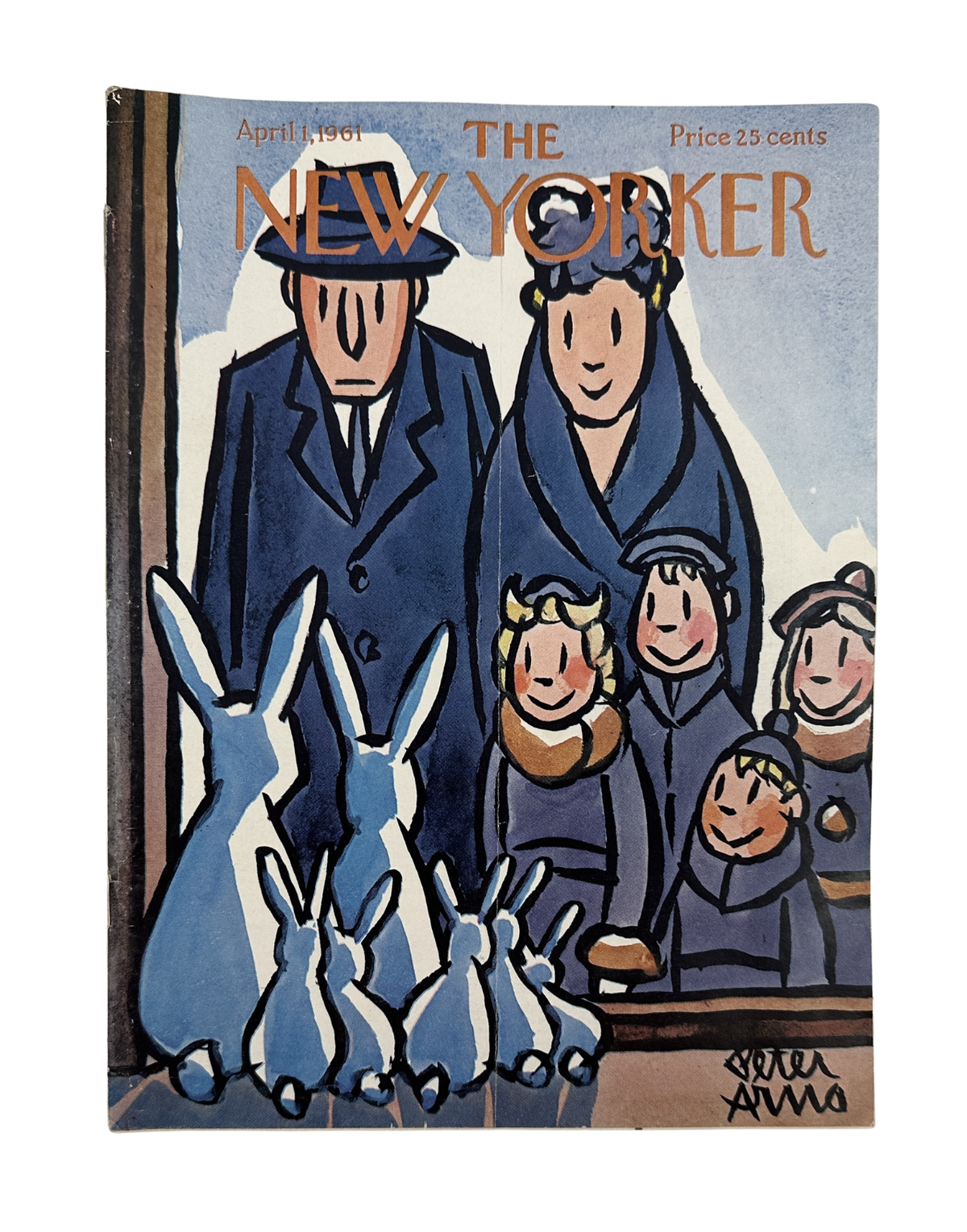 The New Yorker Magazine April 1, 1961 Family Easter Bunnies Peter Arno Cover featuring a family in blue clothing watching white Easter rabbits