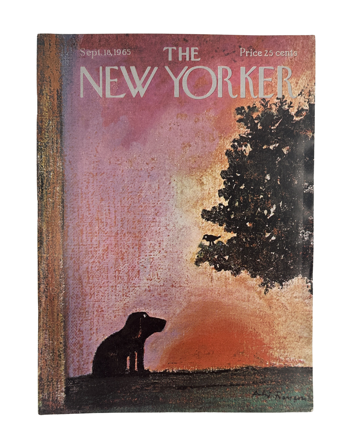 The New Yorker Magazine September 18, 1965 Dog Sunset Landscape André François Cover, featuring a silhouetted dog beneath a tree against a colorful sunset landscape.