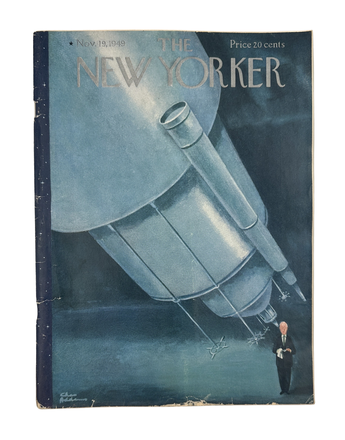 The New Yorker Magazine November 19, 1949 Observatory Telescope Charles Addams Cover, vintage blue cover illustration featuring a large observatory telescope and a man standing below.