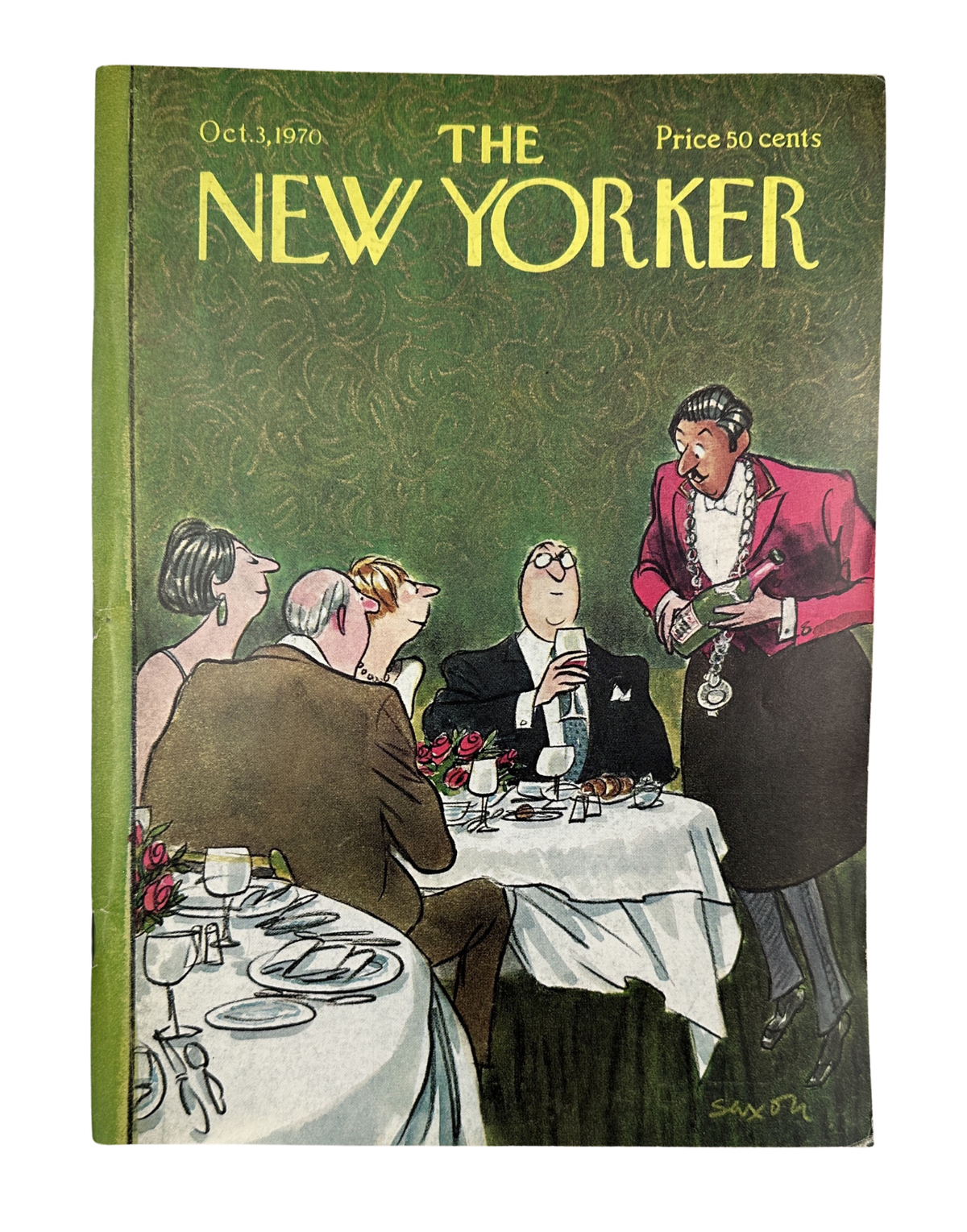 The New Yorker Magazine October 3, 1970 Waiter Pouring Wine Dinner Charles Saxon VG cover featuring a waiter serving wine to diners at a restaurant table