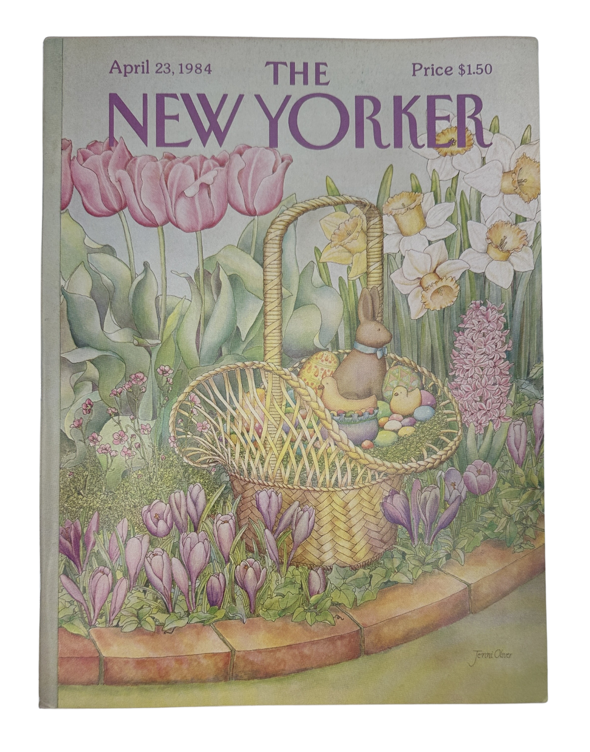 The New Yorker Magazine April 23, 1984 Easter Basket Spring Flowers Jenni Oliver Cover VG, featuring a vintage illustrated Easter basket surrounded by tulips, daffodils, and spring flowers.
