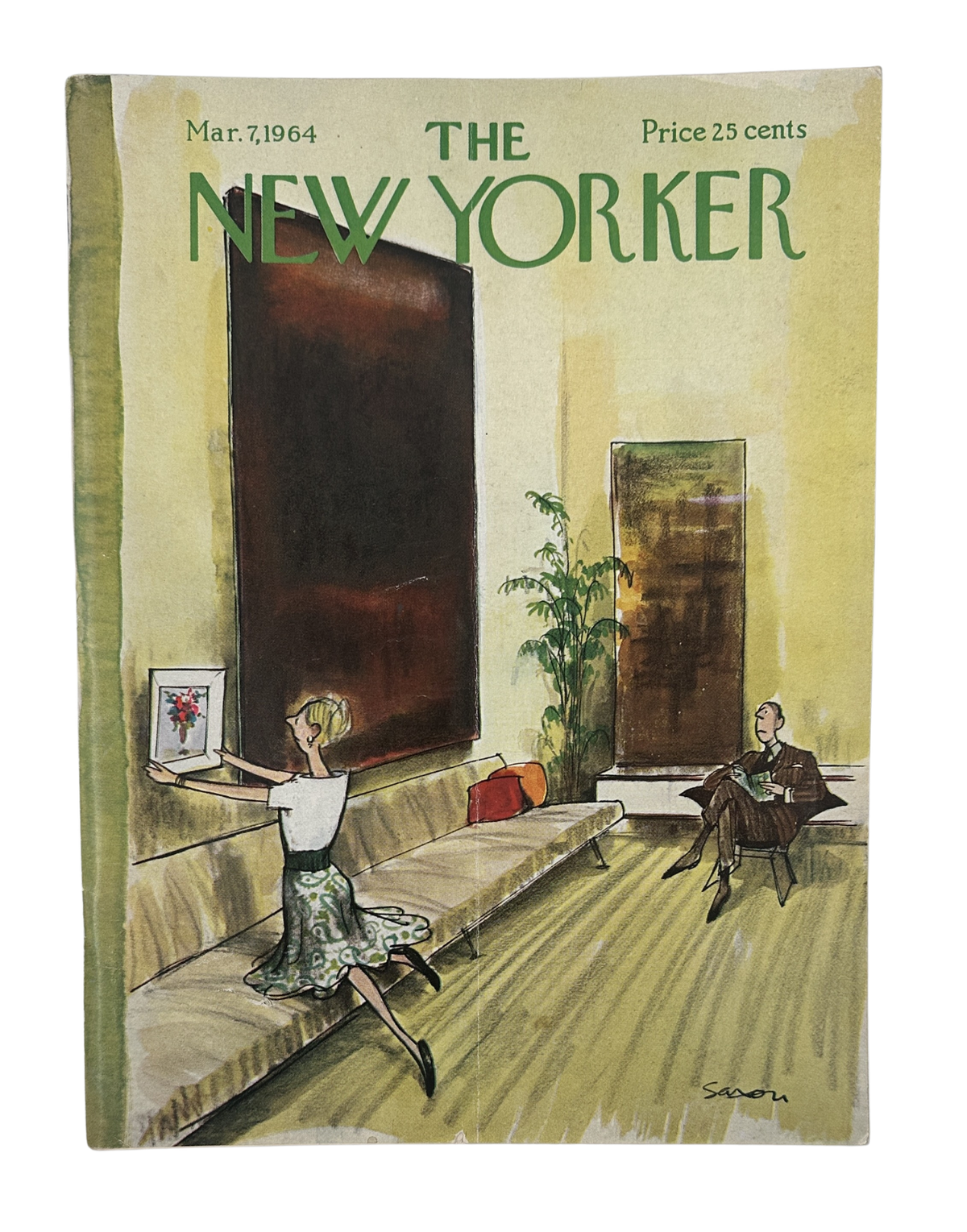 The New Yorker Magazine March 7, 1964 Art Gallery Museum Charles D. Saxon Cover VG, featuring a Charles D. Saxon illustration of visitors viewing artwork in a modern museum gallery