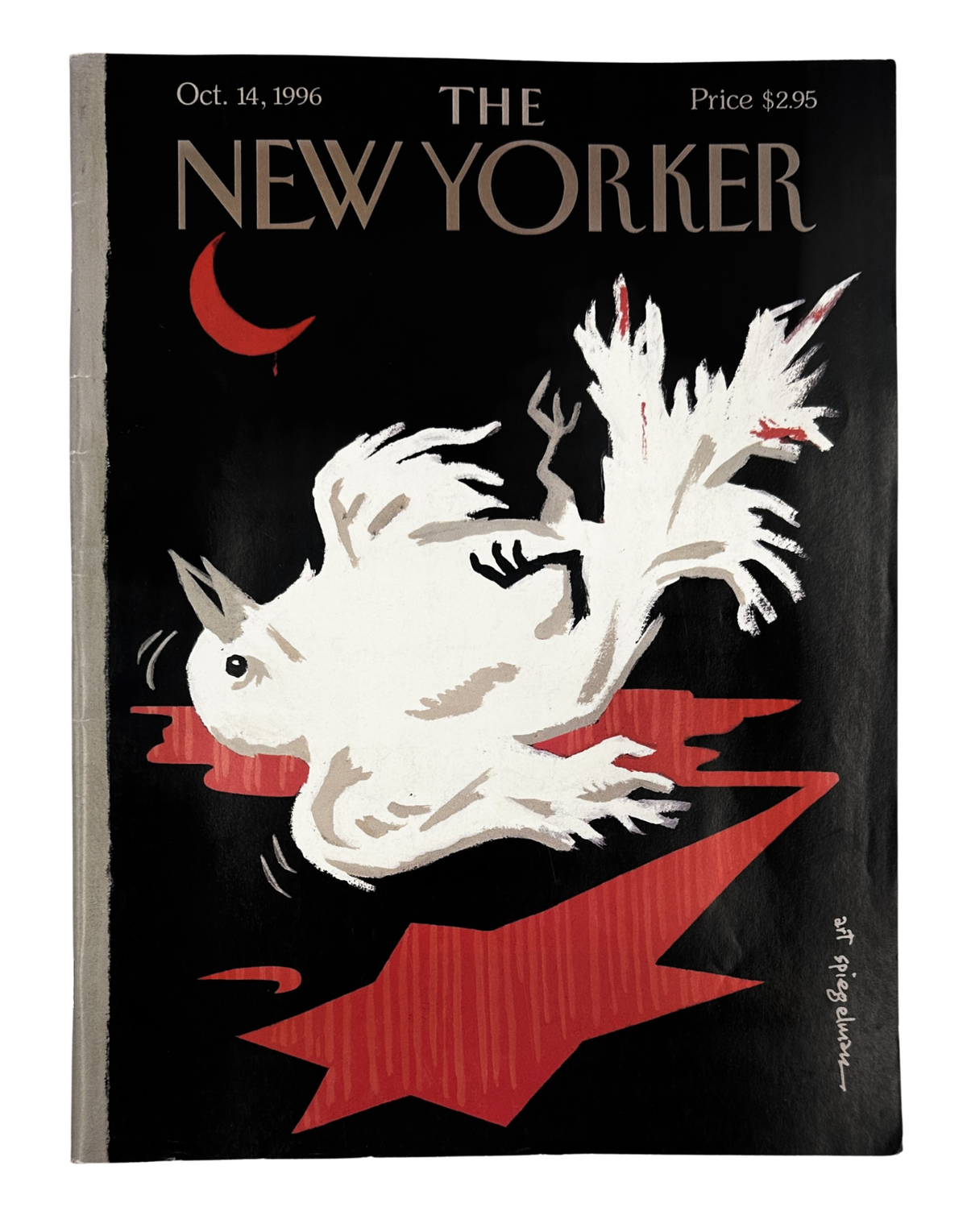 The New Yorker Magazine October 14, 1996 White Dove Red Lightning Art Spiegelman Cover, featuring a white dove flying over a bold red lightning bolt on a black background.