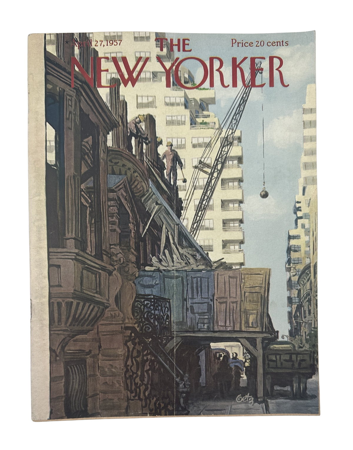 The New Yorker Magazine April 27, 1957 Demolition Crane Arthur Getz Cover featuring a vintage New York City demolition scene with a construction crane