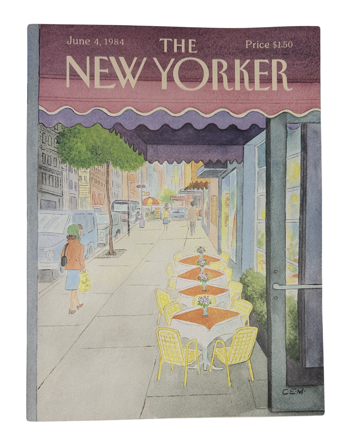 The New Yorker Magazine June 4, 1984 Sidewalk Cafe Awning Charles E. Martin Cover VG, featuring an illustrated sidewalk café with yellow chairs, tables, storefronts, and a striped awning.