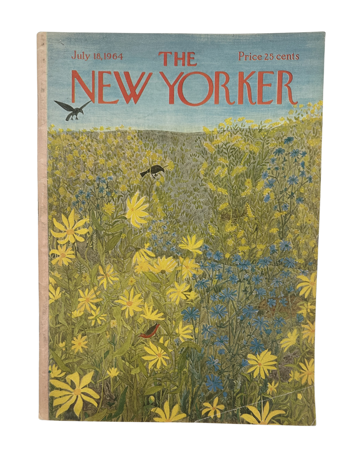 The New Yorker Magazine July 18, 1964 Summer Wildflowers Ilonka Karasz Cover VG, featuring a colorful field of yellow and blue wildflowers with birds and the iconic New Yorker title.