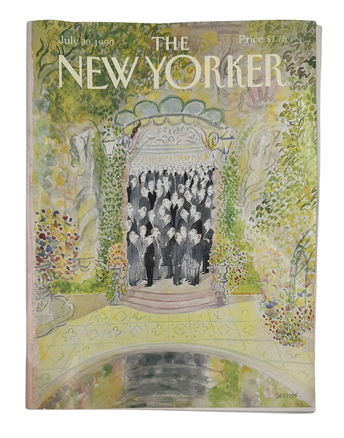 The New Yorker Magazine July 30, 1990 Garden Party J. J. Sempé Cover, featuring an illustrated garden party entrance with guests beneath an archway, surrounded by flowers and greenery.