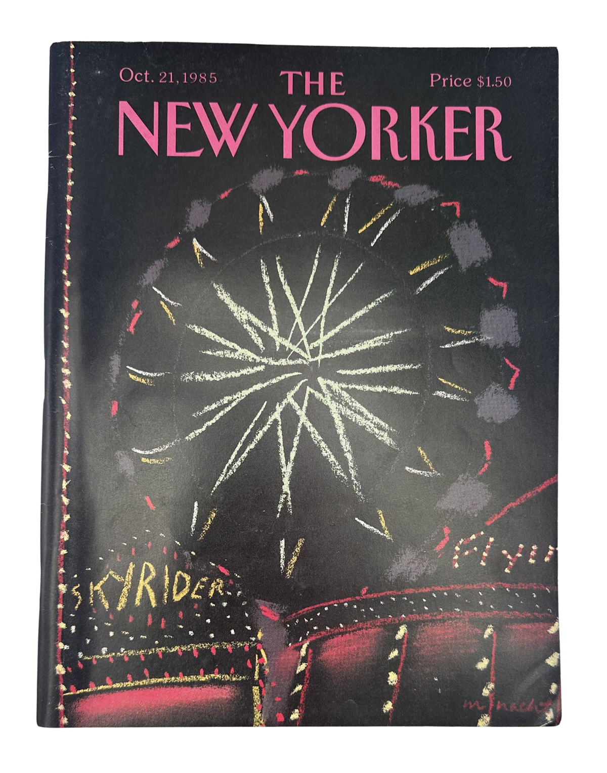 The New Yorker Magazine October 21, 1985 Ferris Wheel Night Merle Nacht Cover VG, showing the illustrated front cover with a nighttime Ferris wheel scene and pink New Yorker lettering.