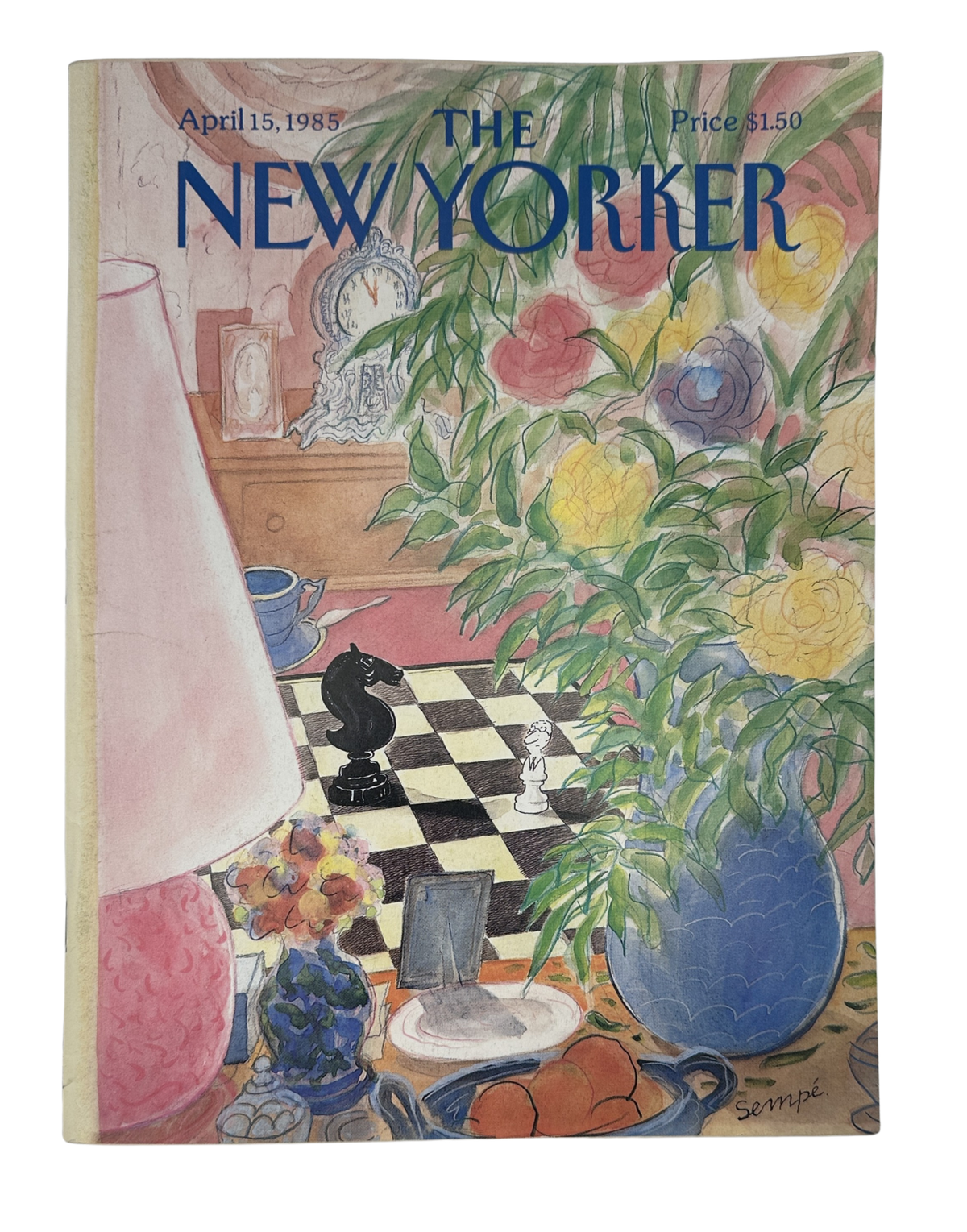 The New Yorker Magazine April 15, 1985 Chessboard Flowers Interior J. J. Sempé Cover VG, featuring a colorful illustrated room interior with a chessboard, flowers, plants, and blue vase.
