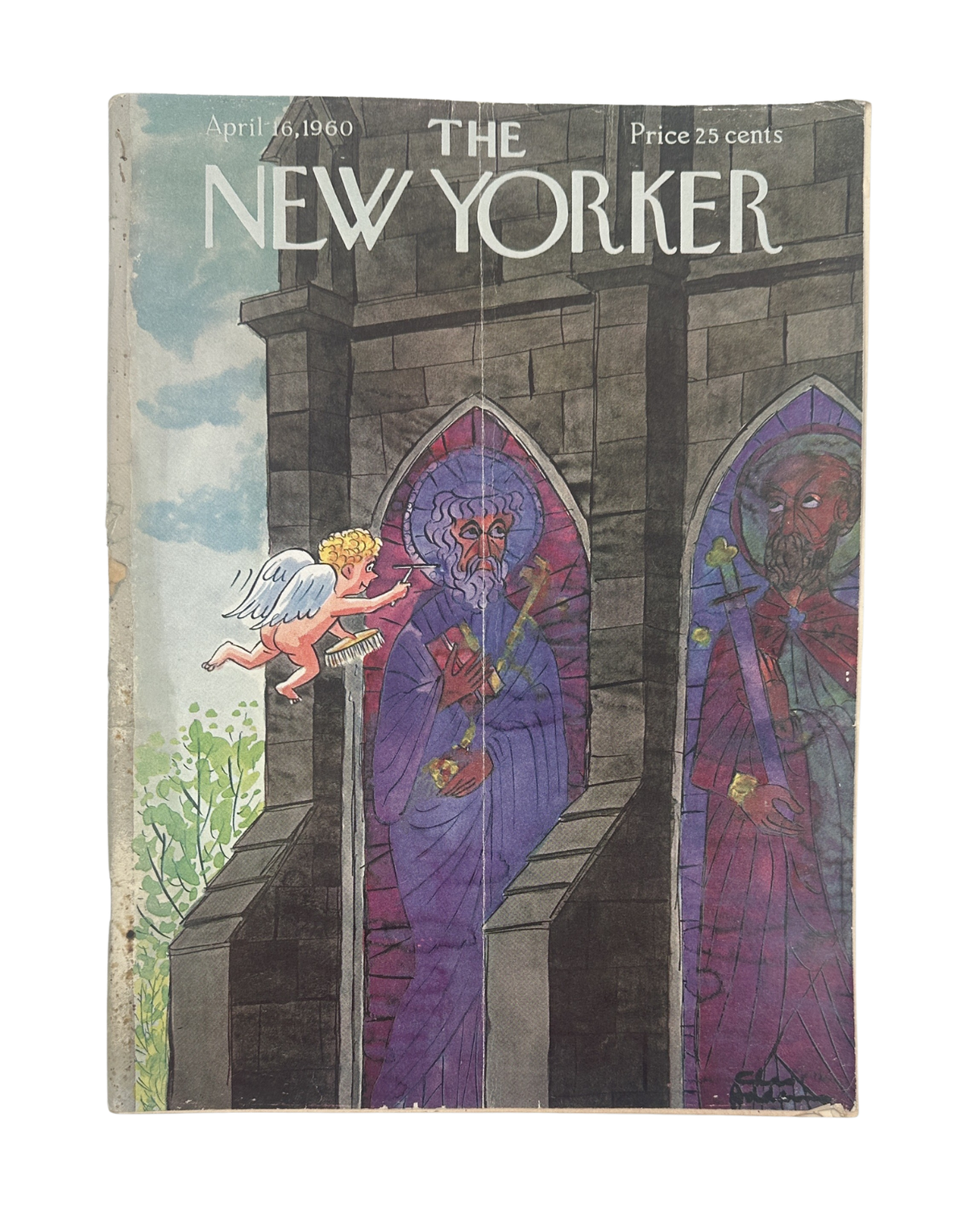 The New Yorker Magazine April 16, 1960 Cupid Stained Glass Church Charles Addams Cover, featuring Cupid entering a Gothic church with stained-glass figures.