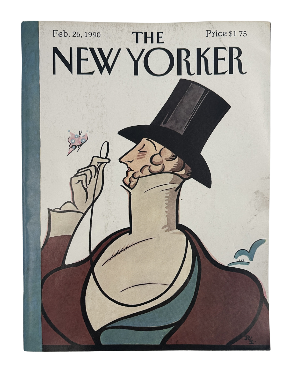 The New Yorker Magazine February 26, 1990 Eustace Tilley Butterfly Rea Irvin Cover featuring the classic monocled character in a top hat holding a butterfly net.