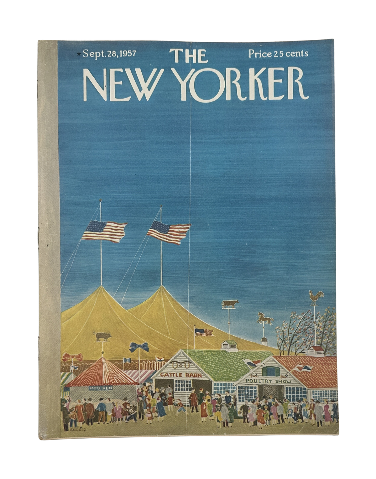 The New Yorker Magazine September 28, 1957 County Fair Ilonka Karasz Cover featuring a vintage county fair illustration with tents, American flags, crowds, and midway attractions.