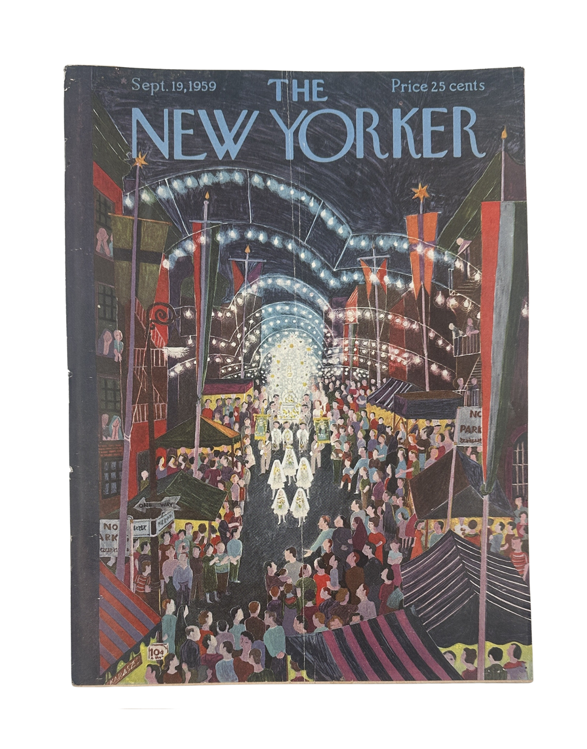 The New Yorker Magazine September 19, 1959 Street Festival Parade Night Ilonka Karasz Cover, showing a colorful nighttime street festival parade viewed from above.
