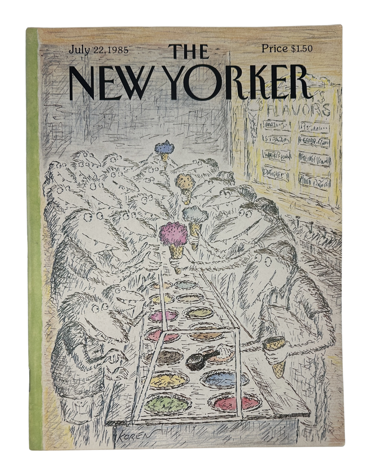 The New Yorker Magazine July 22, 1985 Ice Cream Shop Alligators Edward Koren Cover VG, front cover featuring illustrated alligators enjoying ice cream at a shop.