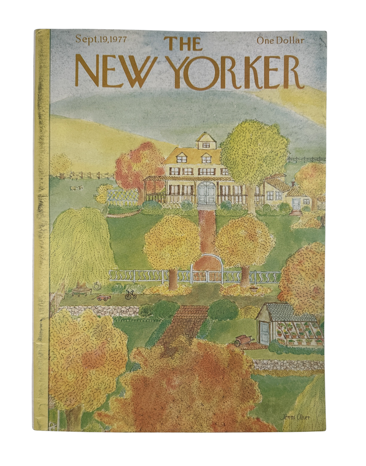 The New Yorker Magazine September 19, 1977 Autumn Estate Jenni Oliver Cover VG, featuring an illustrated countryside estate with colorful autumn trees and gardens.