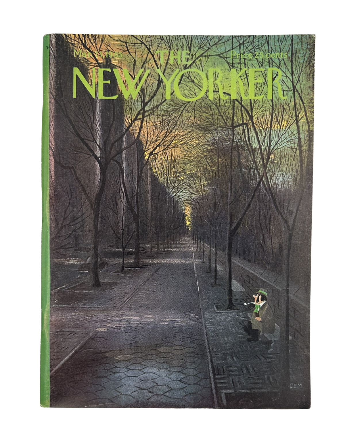 The New Yorker Magazine March 13, 1965 Park Bench Evening Art Charles Martin Cover VG, featuring a tree-lined park path and park bench at evening.