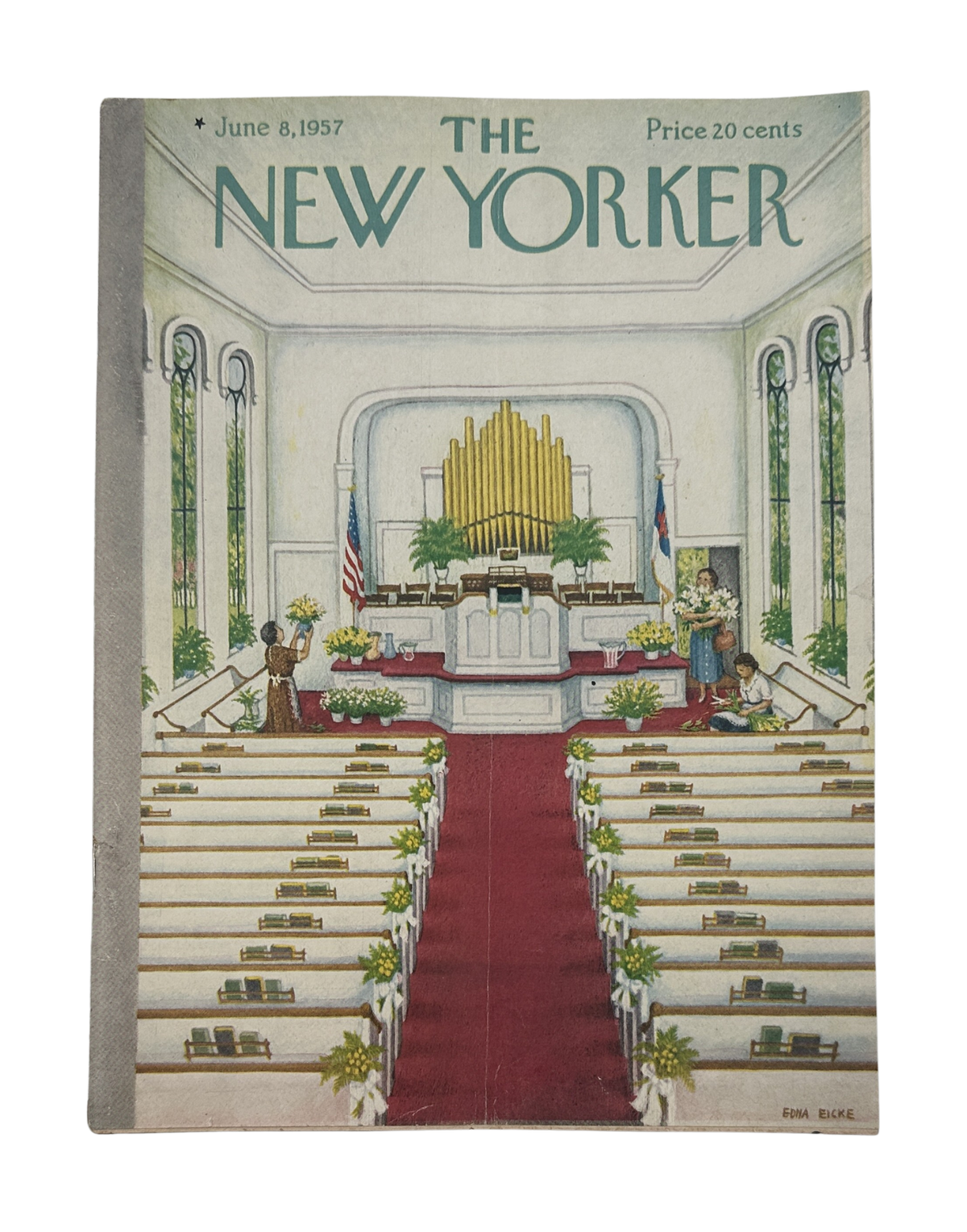 The New Yorker Magazine June 8, 1957 Church Interior Edna Eicke Cover featuring a detailed church sanctuary with organ, American flags, floral arrangements, and red carpet aisle