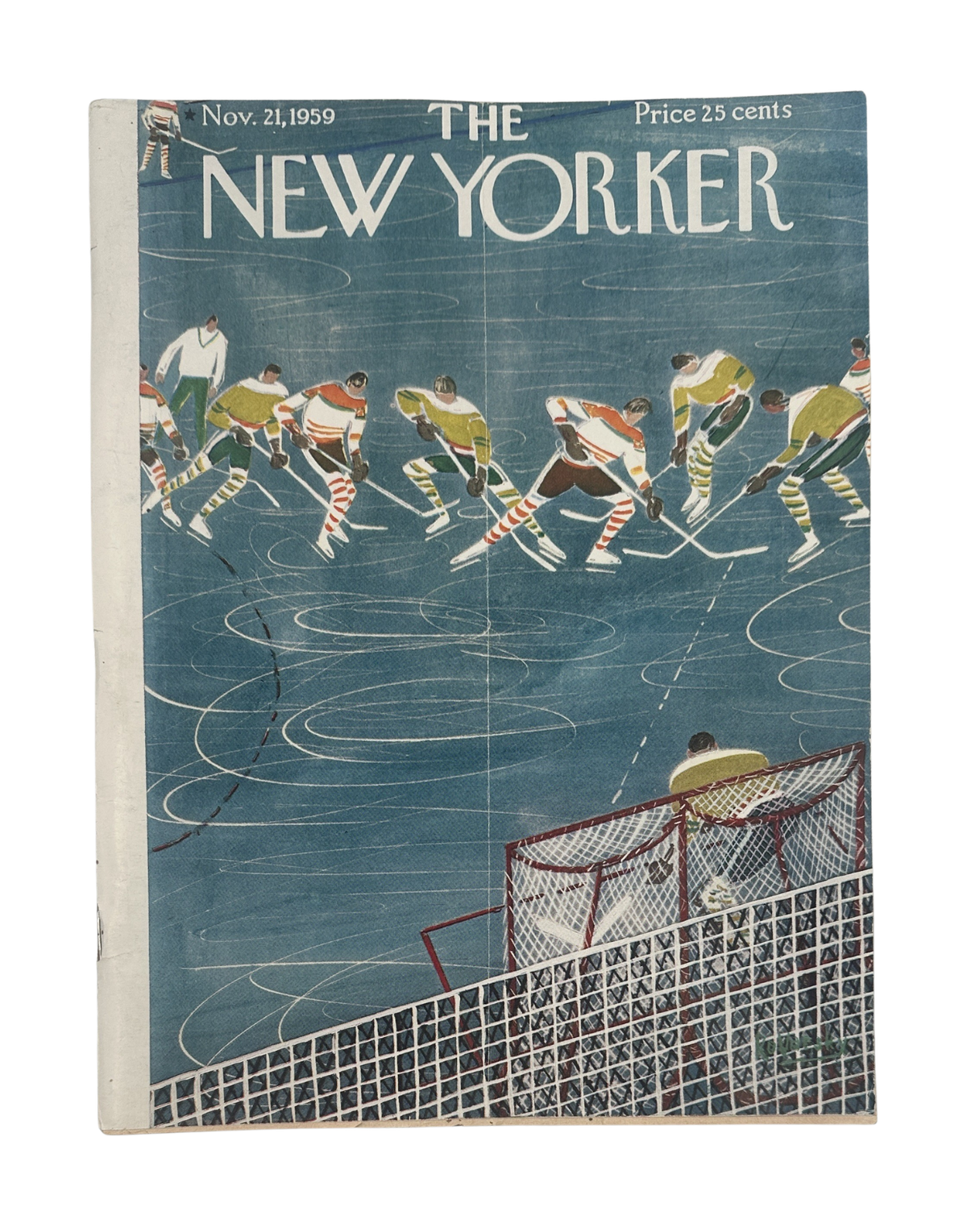 The New Yorker Magazine November 21, 1959 Ice Hockey Game Anatol Kovarsky Cover featuring illustrated hockey players skating on an ice rink and a goalie in front of the net