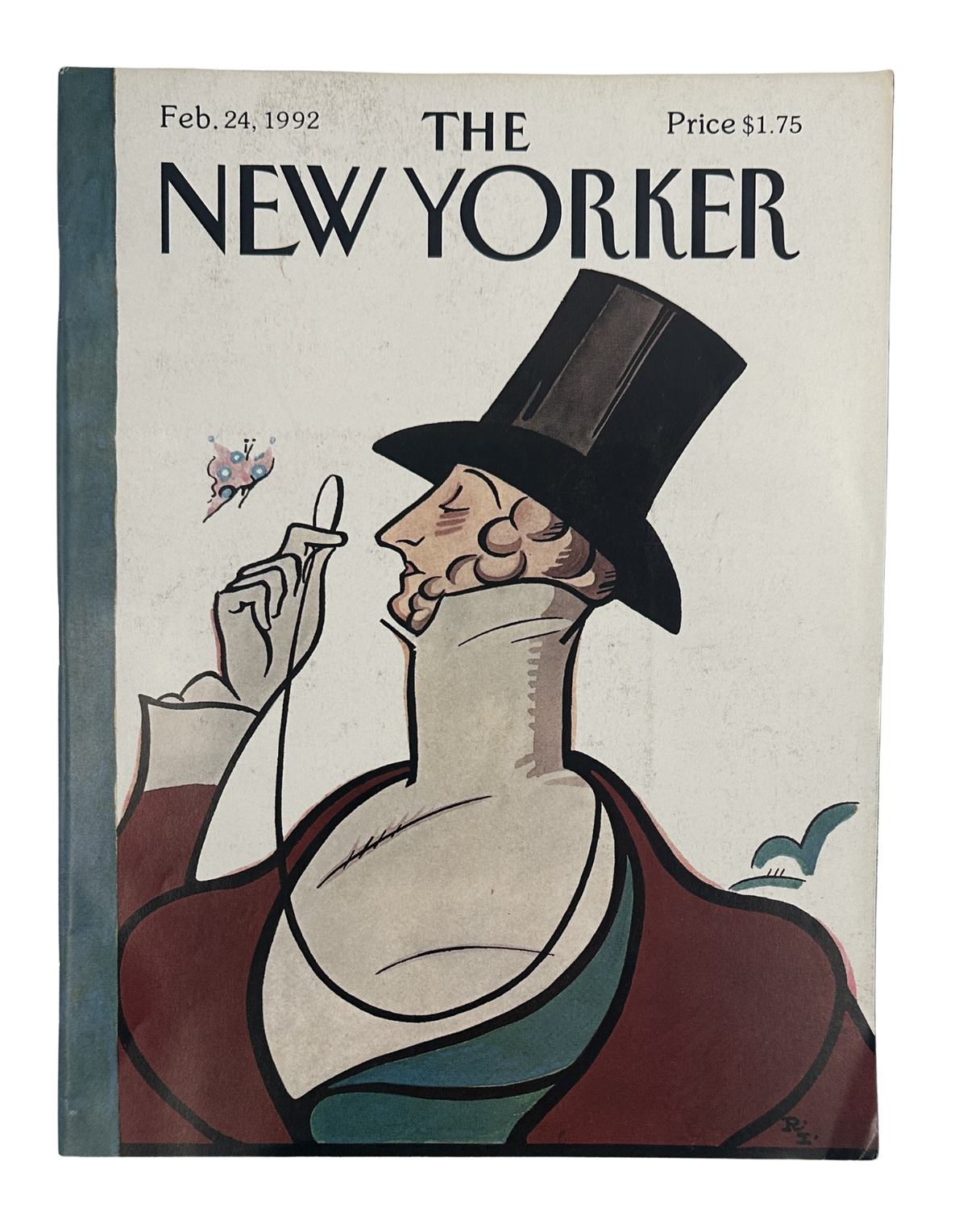The New Yorker Magazine February 24, 1992 Top Hat Butterfly Rea Irvin Cover featuring a vintage illustrated gentleman in a top hat and monocle
