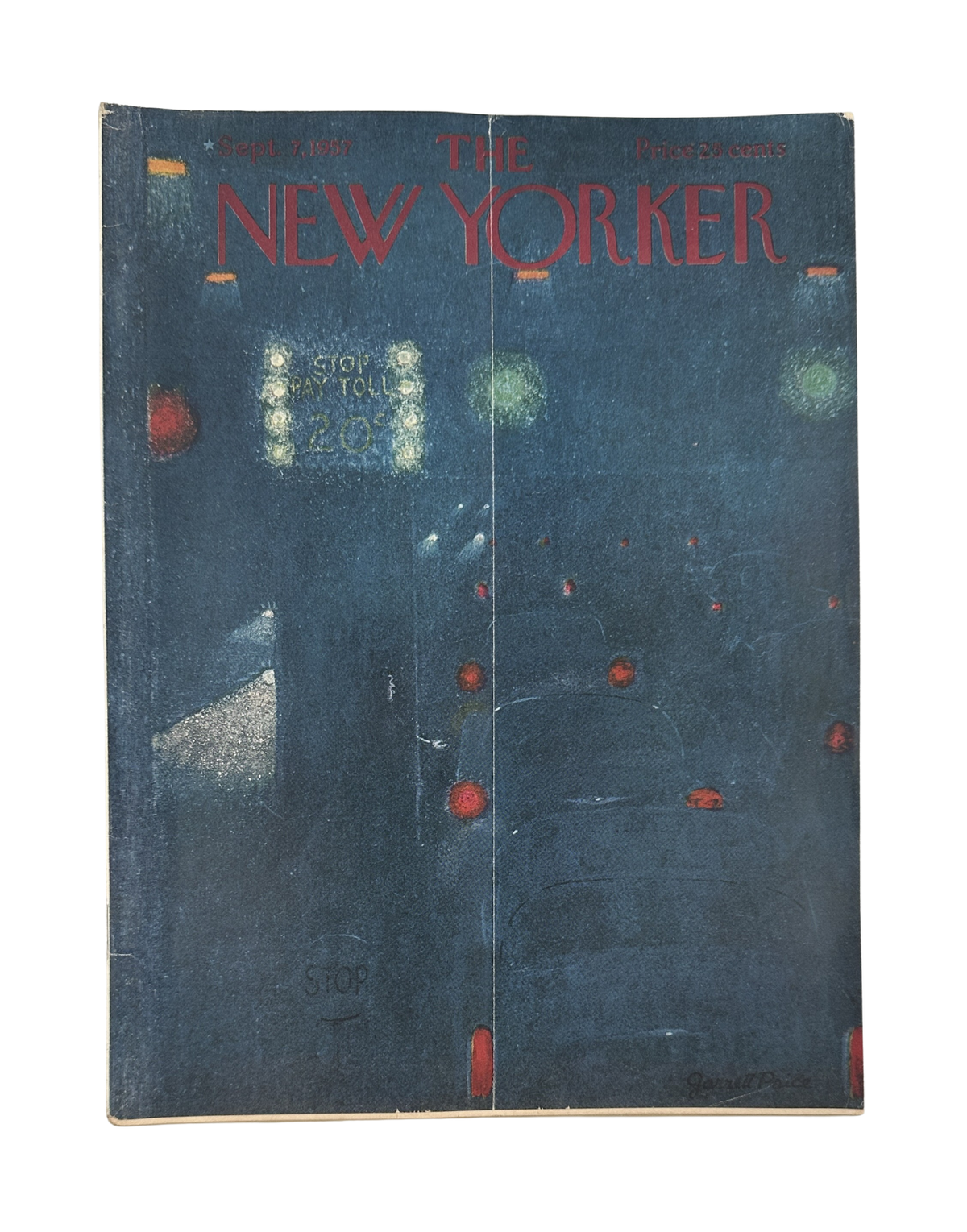 The New Yorker Magazine September 7, 1957 Night Traffic Garrett Price Cover, complete vintage magazine front cover showing a dark nighttime traffic scene with colorful streetlights.