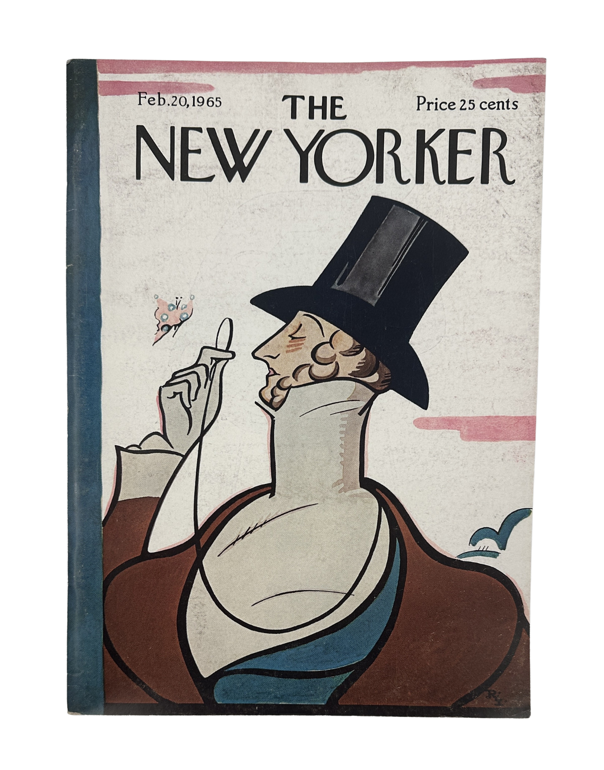 The New Yorker Magazine February 20, 1965 Top Hat Man Butterfly Rea Irvin Cover VG, vintage magazine cover featuring an elegant man in a black top hat observing a butterfly