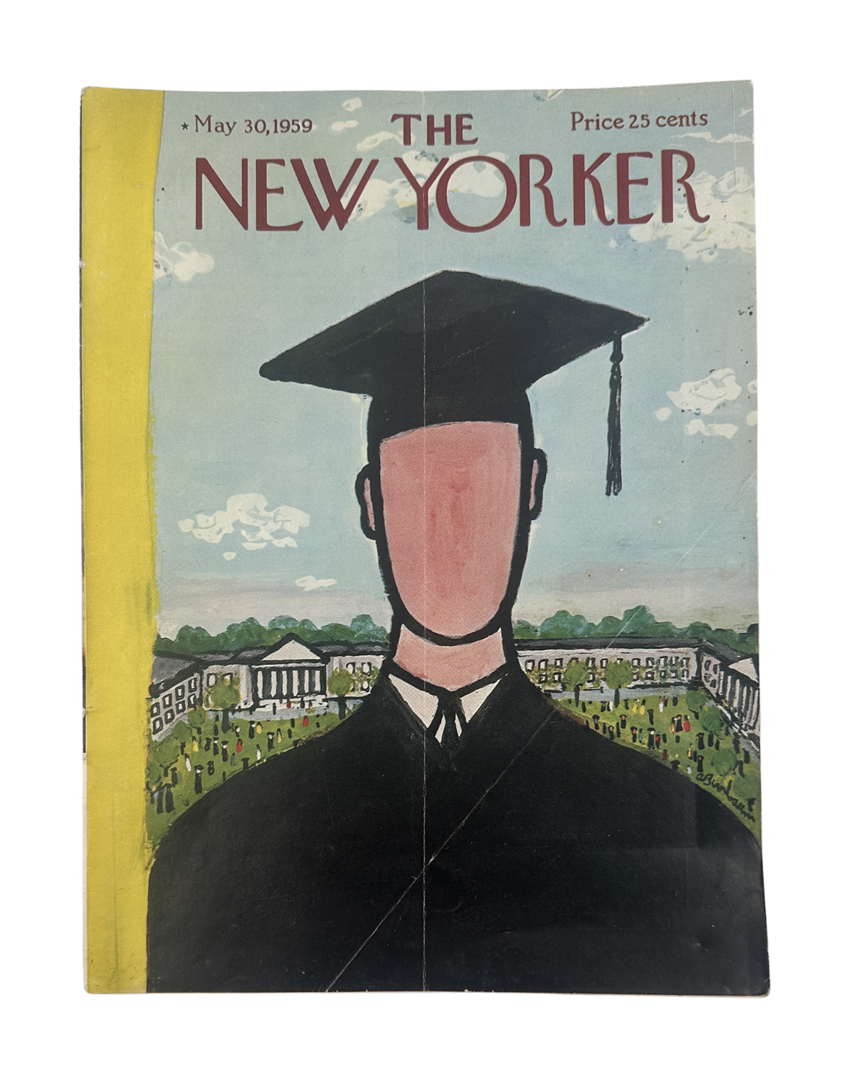 The New Yorker Magazine May 30, 1959 Graduation College Campus Abe Birnbaum Cover featuring a graduate in cap and gown overlooking a college campus