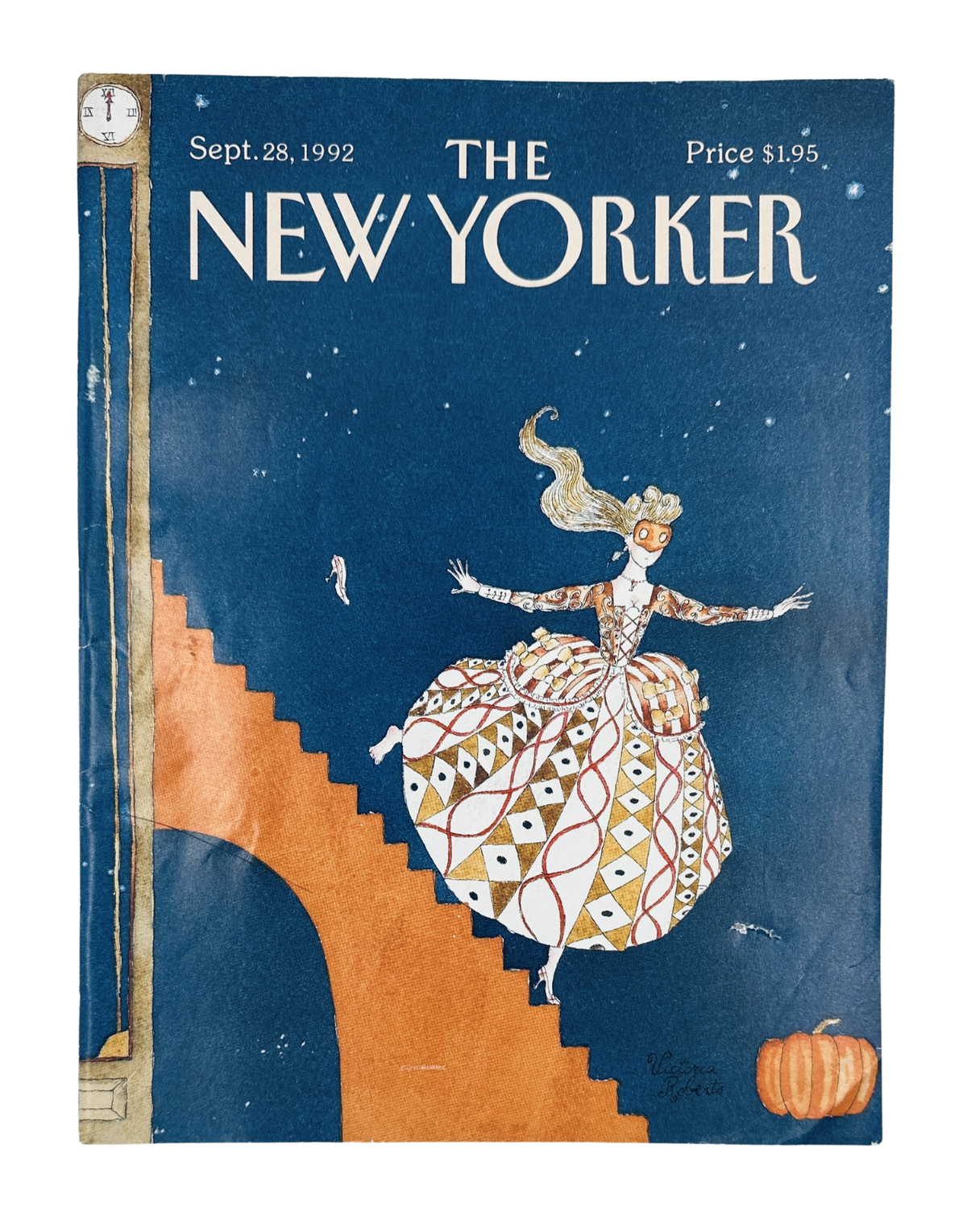 The New Yorker Magazine September 28, 1992 Masquerade Staircase Pumpkin Cover featuring a costumed masquerade figure descending a staircase with a pumpkin