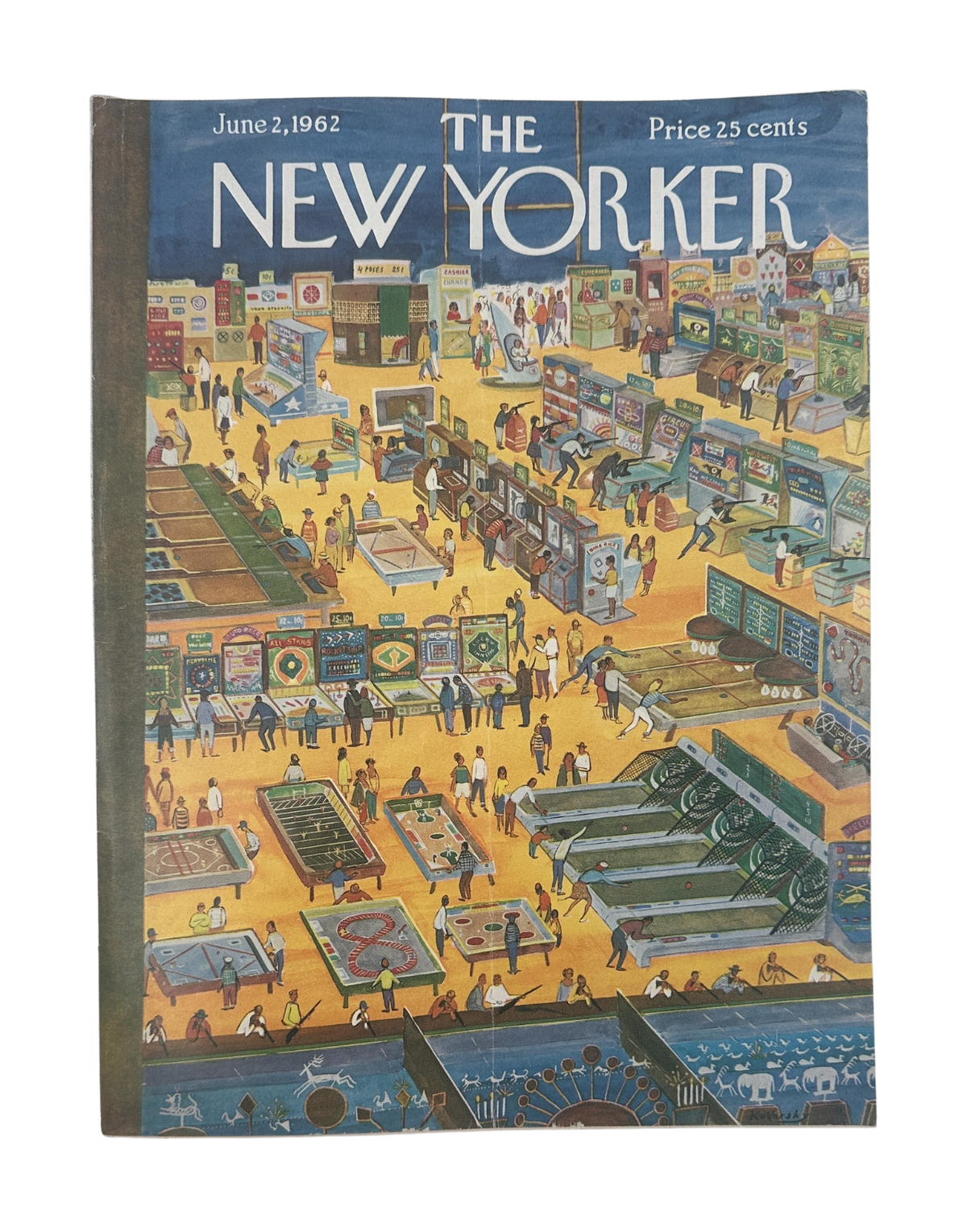 The New Yorker Magazine June 2, 1962 Arcade Amusement Games Cover featuring a detailed amusement arcade scene with pinball machines, bowling lanes, carnival games, and crowds