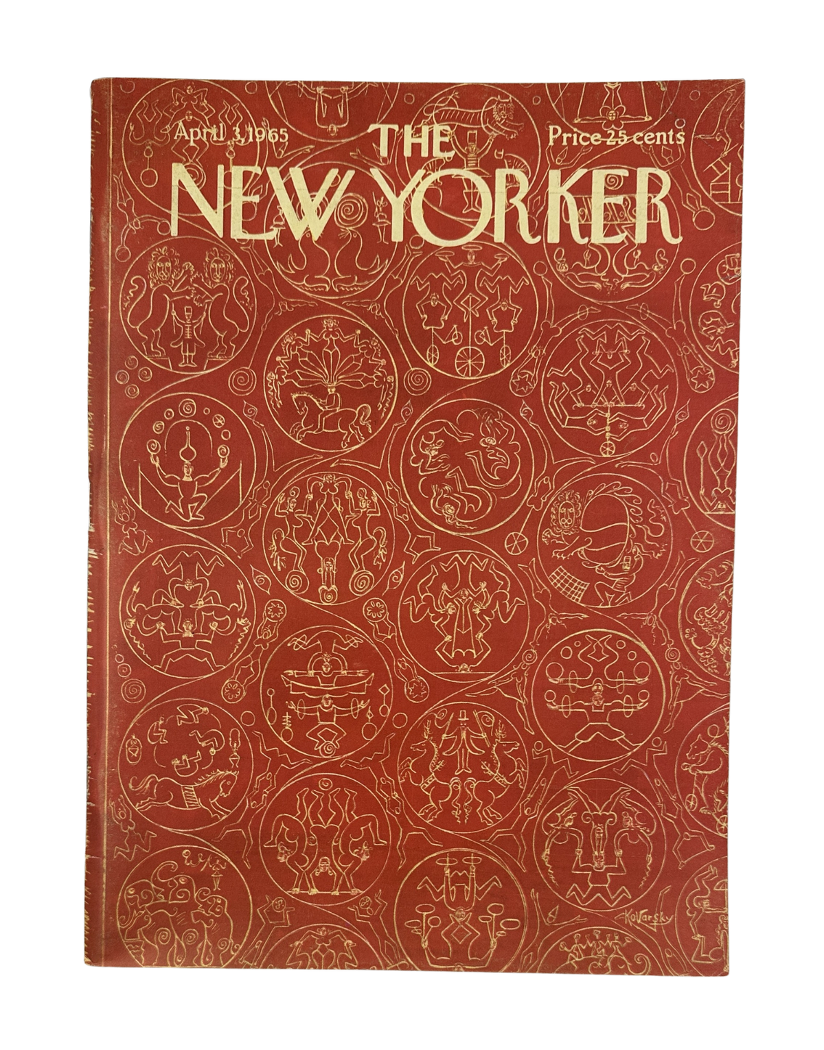 The New Yorker Magazine April 3, 1965 Zodiac Pattern Anatol Kovarsky Cover VG, featuring the iconic red and gold zodiac-themed cover design.