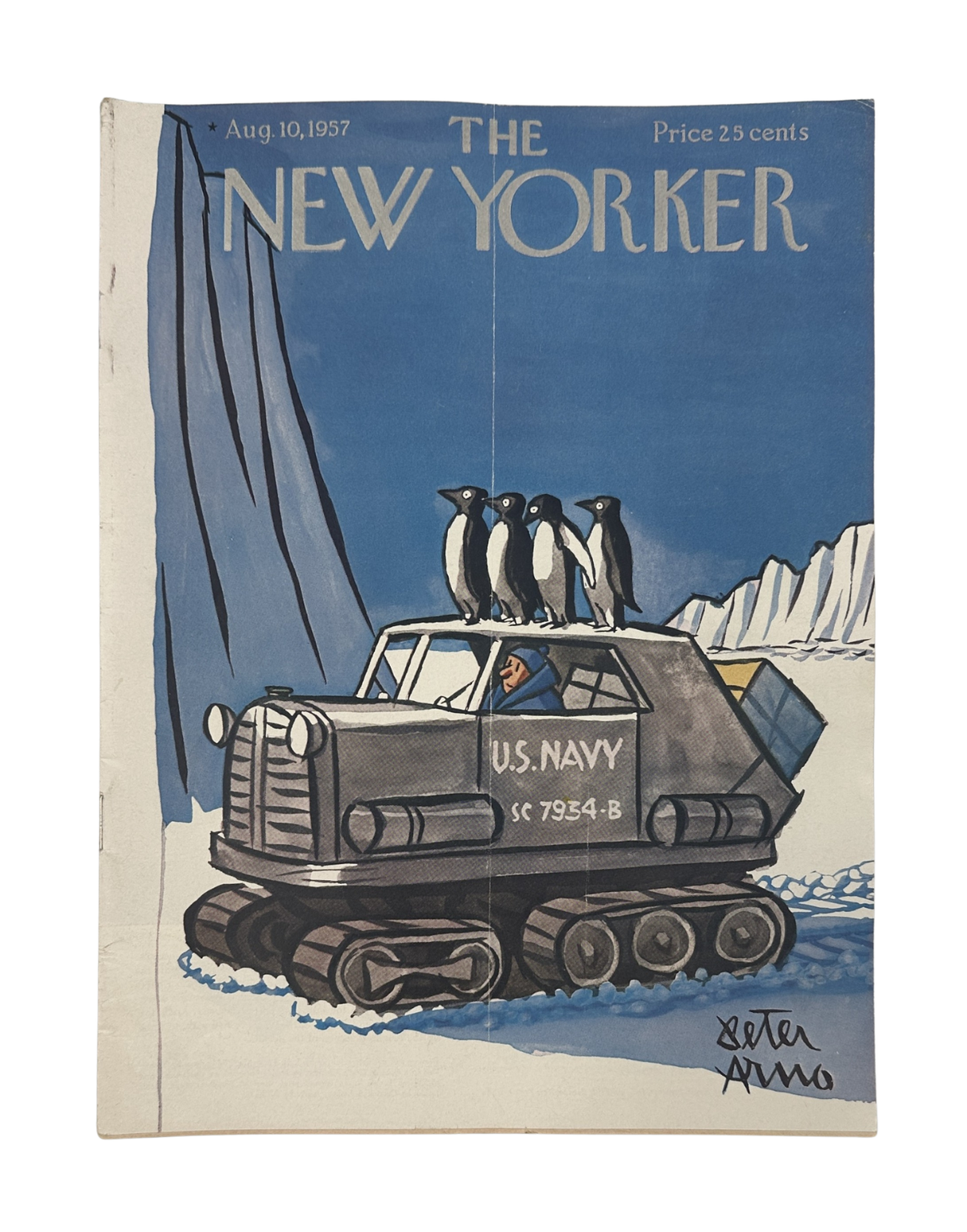 The New Yorker Magazine August 10, 1957 Navy Penguins Peter Arno Cover, featuring penguins riding on a U.S. Navy tracked vehicle in a vintage illustrated cover design.