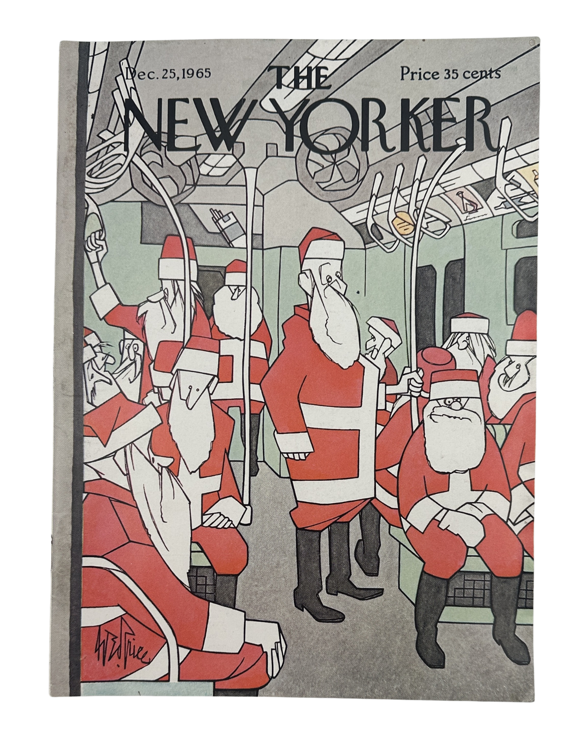 The New Yorker Magazine December 25, 1965 Santa Subway Christmas George Price Cover, featuring illustrated Santas riding a subway train