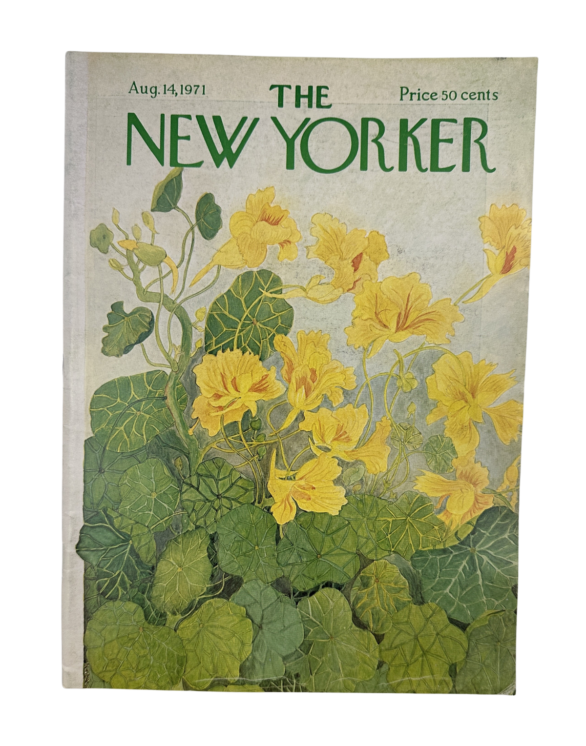 The New Yorker Magazine August 14, 1971 Yellow Nasturtium Flowers Ilonka Karasz Cover VG, featuring a botanical illustration of yellow nasturtium flowers and green leaves.